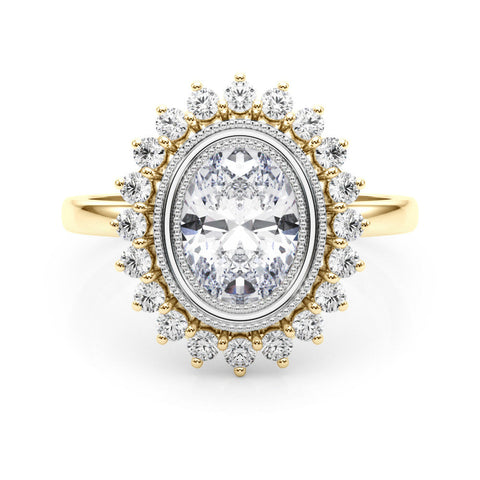 Yellow gold Oval Halo Diamond Ring with Milgrain Edge and Round Prong Setting