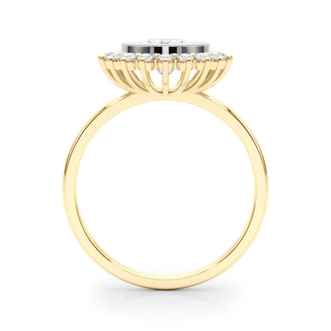 Yellow gold Oval Halo Diamond Ring with Milgrain Edge and Round Prong Setting
