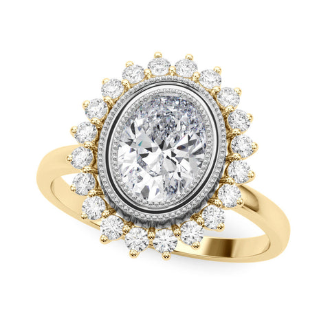Yellow gold Oval Halo Diamond Ring with Milgrain Edge and Round Prong Setting