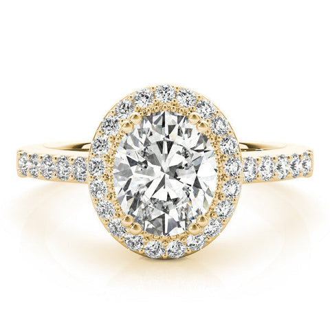 Yellow gold Oval Halo Diamond Ring with Pave Band and Four-Prong Setting