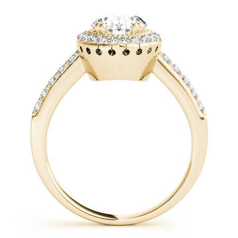 Yellow gold Oval Halo Diamond Ring with Pave Band and Four-Prong Setting