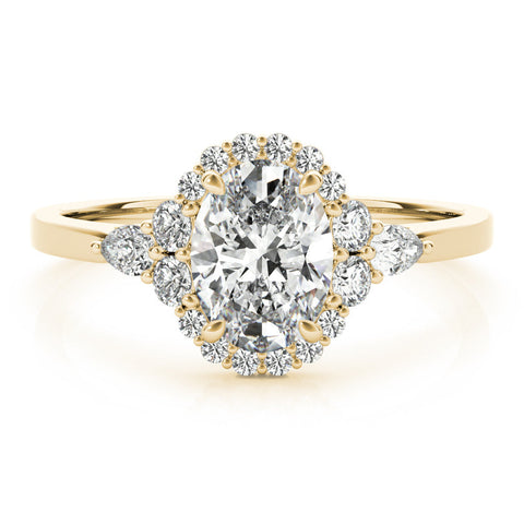 Yellow gold Oval Halo Diamond Ring with Pear Side Stones and Prong Setting on a Classic Band