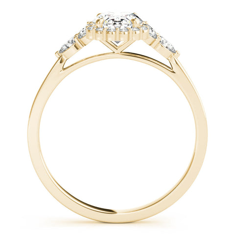 Yellow gold Oval Halo Diamond Ring with Pear Side Stones and Prong Setting on a Classic Band
