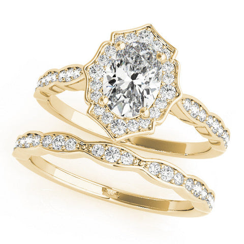 Yellow gold Oval Halo Diamond Ring with Scalloped Band and Four-Prong Setting