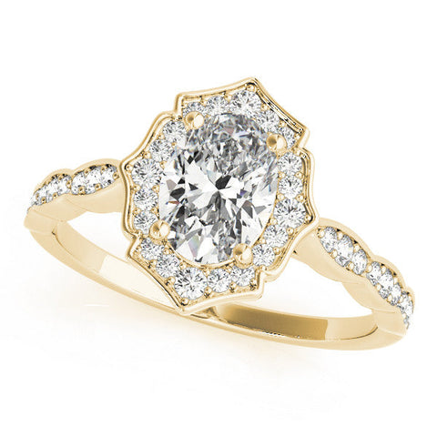 Yellow gold Oval Halo Diamond Ring with Scalloped Band and Four-Prong Setting