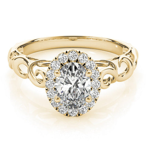 Yellow gold Oval Halo Diamond Ring with Scrollwork Band and Four-Prong Setting