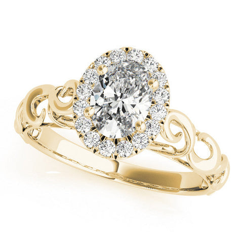Yellow gold Oval Halo Diamond Ring with Scrollwork Band and Four-Prong Setting