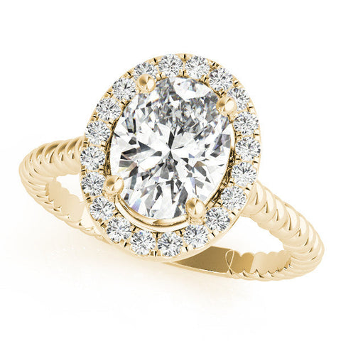 Yellow gold Oval Halo Diamond Ring with Twisted Band and Four-Prong Setting