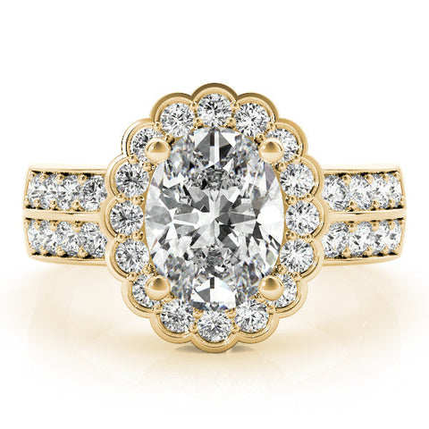 Yellow gold Oval Halo Diamond Split Shank Ring with Scalloped Prong Setting