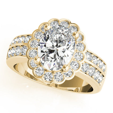 Yellow gold Oval Halo Diamond Split Shank Ring with Scalloped Prong Setting