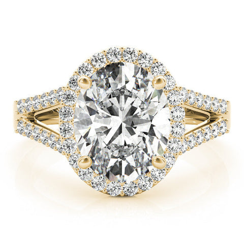 Yellow gold Oval Halo Split Shank Diamond Ring with Four-Prong Setting