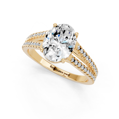 Yellow gold Oval Solitaire Split Shank Pavé Diamond Engagement Ring