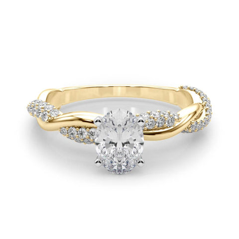 Yellow gold Oval Solitaire Twist Band with Pave Prong Setting