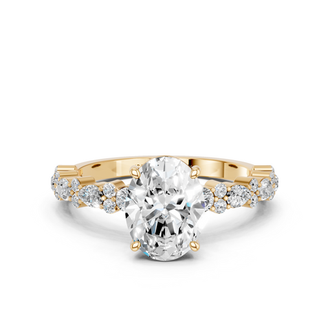 Yellow gold Oval Solitaire with Side Stones, Pave Band, Four-Prong Setting