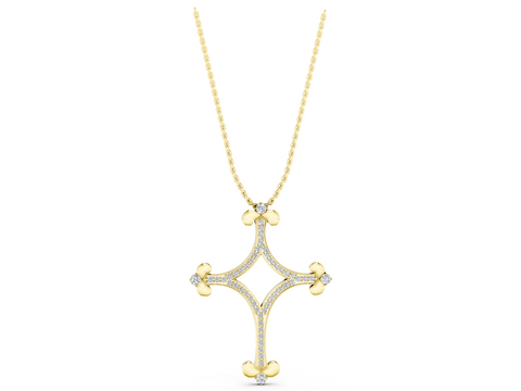 Yellow gold Pavé Diamond Cushion Cross Pendant with Fleur-de-Lis Prongs