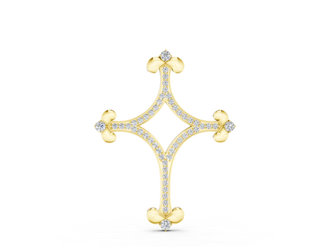 Yellow gold Pavé Diamond Cushion Cross Pendant with Fleur-de-Lis Prongs