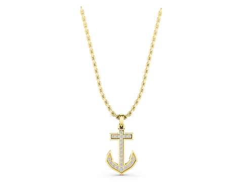 Yellow gold Pavé Round Diamond Anchor Pendant with Four-Prong Setting