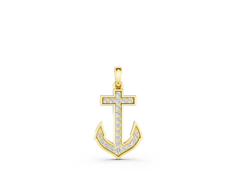 Yellow gold Pavé Round Diamond Anchor Pendant with Four-Prong Setting