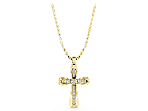 Yellow gold Pavé Round Diamond Cross Pendant with Bezel Setting