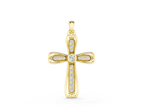 Yellow gold Pavé Round Diamond Cross Pendant with Bezel Setting