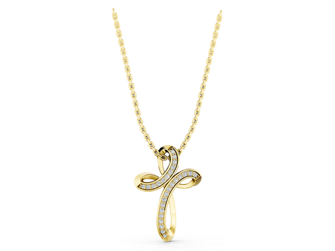 Yellow gold Pavé Round Diamond Prong Cross Pendant