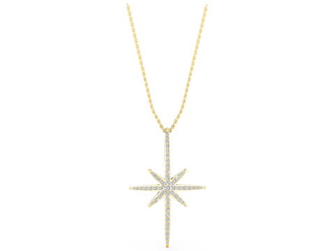 Yellow gold Pavé Round Diamond Starburst Pendant with Prong Setting