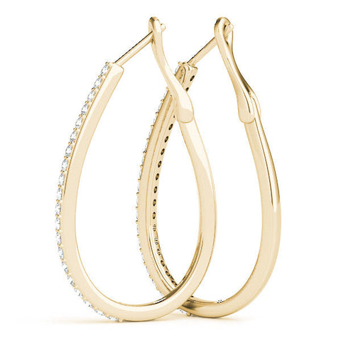 Yellow gold Pavé Round Diamond Teardrop Hoop Earrings with Hidden Hinged Setting