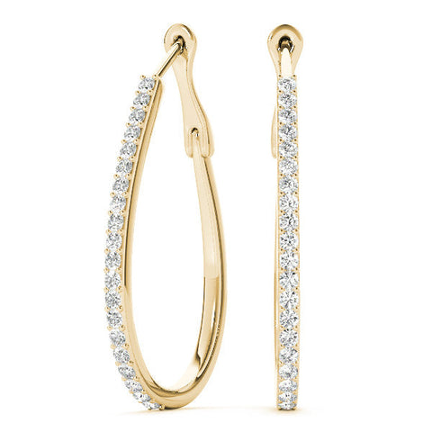 Yellow gold Pavé Round Diamond Teardrop Hoop Earrings with Hidden Hinged Setting