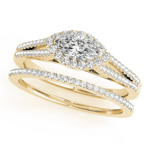 Yellow gold Pave Split Shank Halo Marquise Cut Prong Set Ring