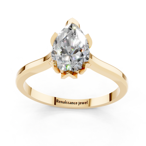 Yellow gold Pear Cut Solitaire Diamond Ring with Flower-Prong Setting and Classic Band