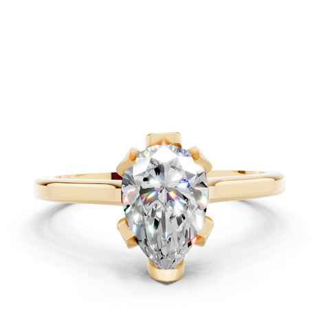 Yellow gold Pear Cut Solitaire Diamond Ring with Flower-Prong Setting and Classic Band