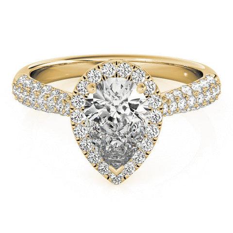 Yellow gold Pear Halo Diamond Ring with Pave Band and Prong Setting