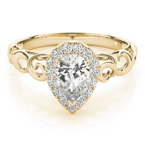 Yellow gold Pear Halo Scrollwork Engagement Ring with Prong Setting