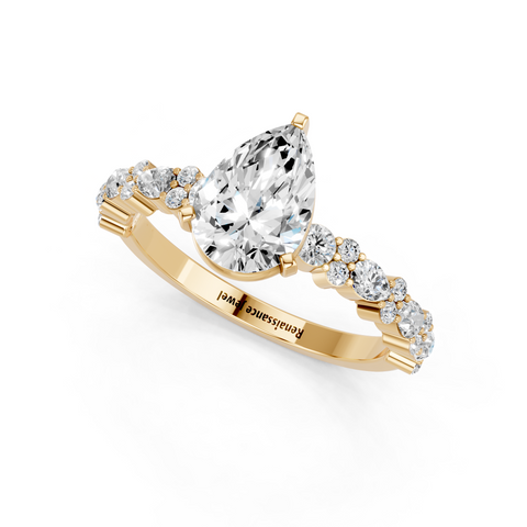 Yellow gold Pear Solitaire with Side Stones, Pave Band, Four-Prong Setting