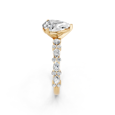 Yellow gold Pear Solitaire with Side Stones, Pave Band, Four-Prong Setting