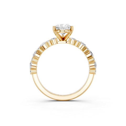 Yellow gold Pear Solitaire with Side Stones, Pave Band, Four-Prong Setting