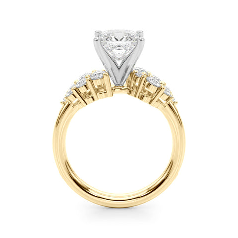 Yellow gold Princess Cluster Diamond Engagement Ring with Pavé Band and Four-Prong Setting