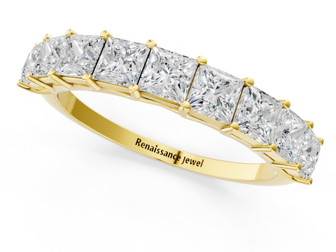 Yellow gold Princess Cut Diamond Channel Set Eternity Band with Prong Setting