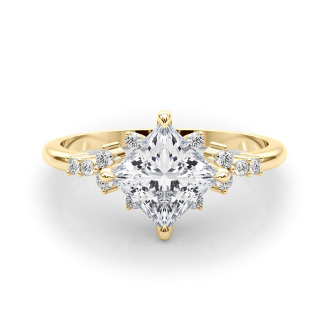Yellow gold Princess Cut Diamond Ring with Side Stones on a White Gold Band and Four-Prong Setting