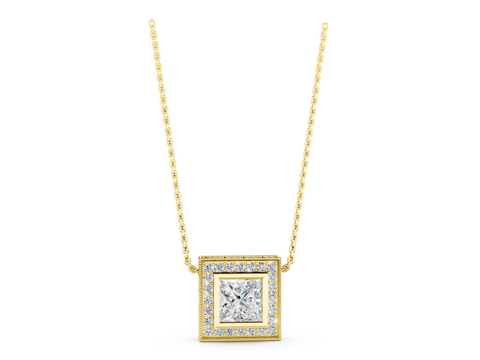 Yellow gold Princess Cut Halo Bezel Pendant