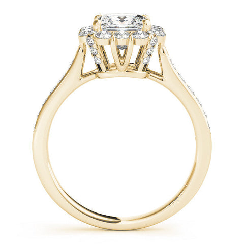 Yellow gold Princess Cut Halo Diamond Engagement Ring with Pave Band and Four-Prong Setting