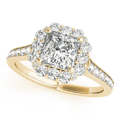 Yellow gold Princess Cut Halo Diamond Engagement Ring with Pave Band and Four-Prong Setting