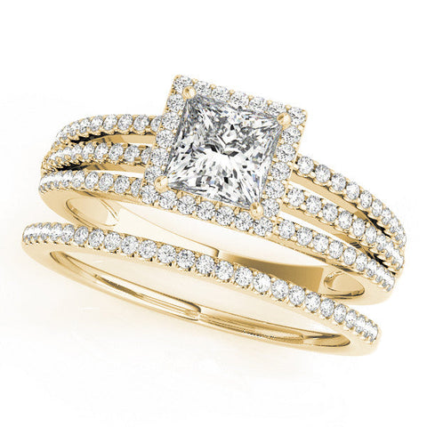 Yellow gold Princess Cut Halo Diamond Engagement Ring with Split Shank and Four-Prong Setting