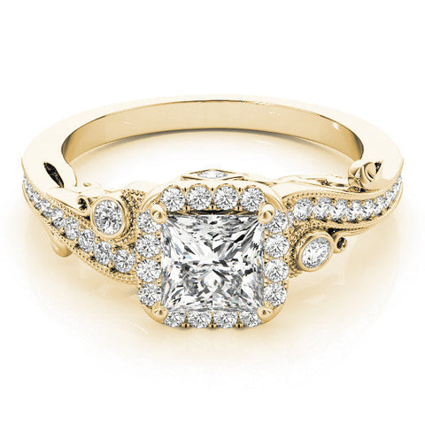 Yellow gold Princess Cut Halo Diamond Ring with Milgrain Pave Band and Four-Prong Setting