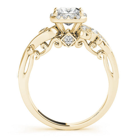 Yellow gold Princess Cut Halo Diamond Ring with Milgrain Pave Band and Four-Prong Setting
