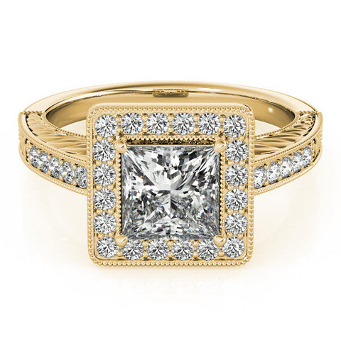Yellow gold Princess Cut Halo Diamond Ring with Pave Band and Four-Prong Setting