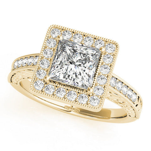 Yellow gold Princess Cut Halo Diamond Ring with Pave Band and Four-Prong Setting