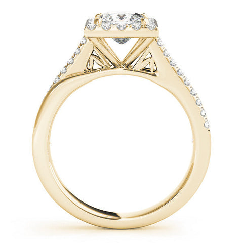 Yellow gold Princess Cut Halo Diamond Ring with Split Shank and Four-Prong Setting