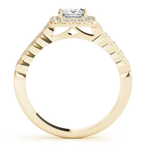Yellow gold Princess Cut Halo Pavé Solitaire Ring with Milgrain Band