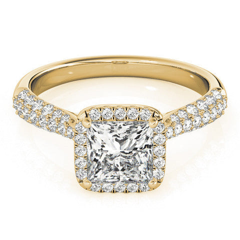 Yellow gold Princess Cut Halo Pave Band Four-Prong Setting Ring